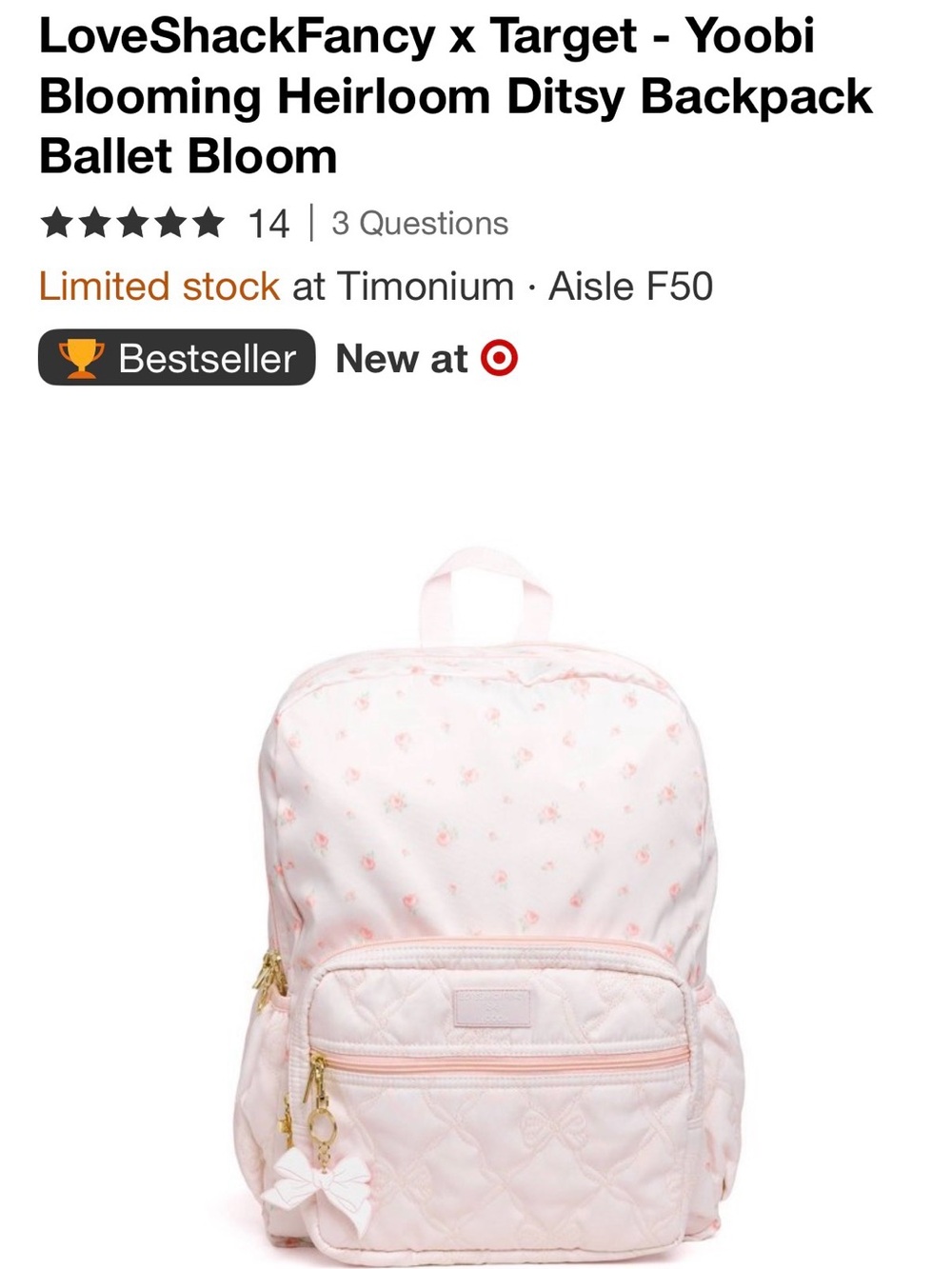 LoveShackFancy Kids Backpack in Ballet Pink and Gold
